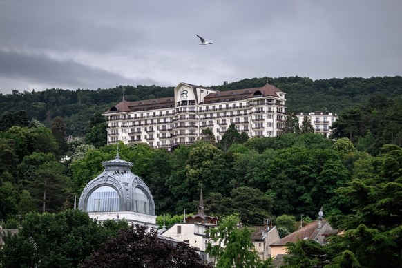 This photograph shows the Hotel Royal overlooking Evian, which will host the upcoming G7 summit, on June 10, 2026. (Photo by Fabrice COFFRINI / AFP)