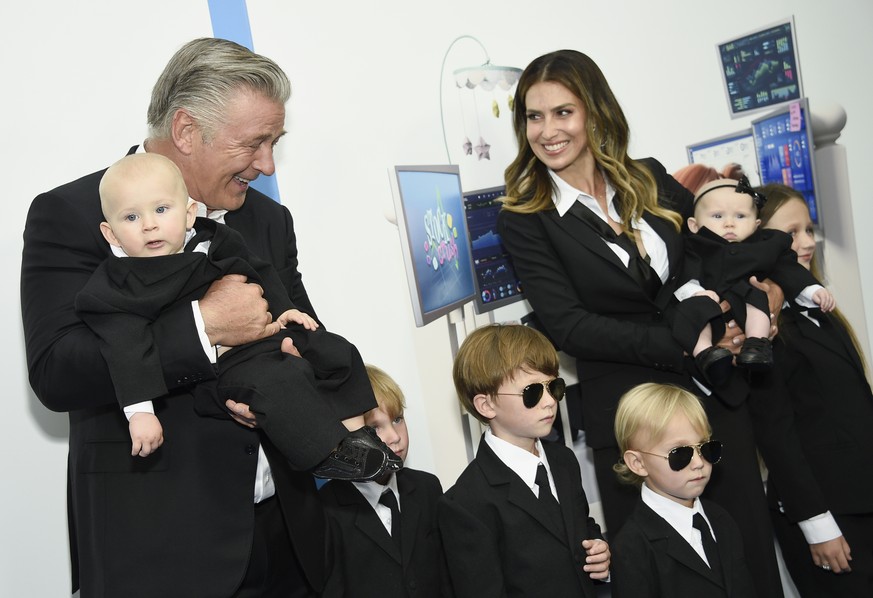 Actor Alec Baldwin, left, poses with his wife, Hilaria Baldwin, and their children at the world premiere of &quot;The Boss Baby: Family Business&quot; at the SVA Theatre on Tuesday, June 22, 2021, in  ...