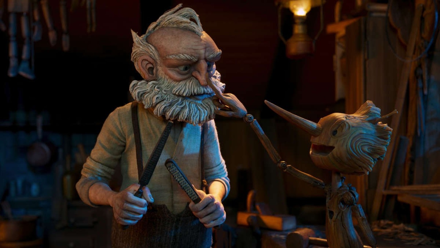 Guillermo del Toro&#039;s Pinocchio - (L-R) Gepetto (voiced by David Bradley) and Pinocchio (voiced by Gregory Mann). Cr: Netflix © 2022