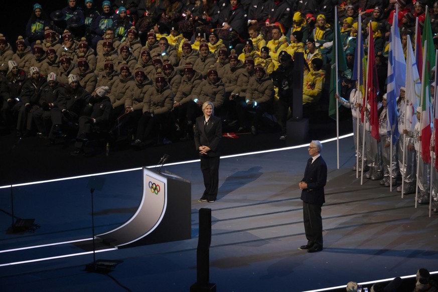 epa12711192 Giovanni Malago (R), former president of the Italian National Olympic Committee, and Cio president Kirsty Coventry attend the Opening Ceremony of the Milano Cortina 2026 Winter Olympic Gam ...