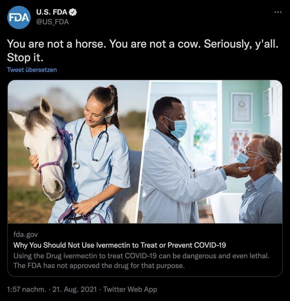 FDA zu Ivermectin: You are not a horse. You are not a cow. Seriously, y&#039;all. Stop it.