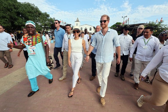 CARTAGENA, COLOMBIA - AUGUST 17: Meghan, Duchess of Sussex and Prince Harry, Duke of Sussex at San Basilio de Palenque during The Duke and Duchess of Sussex Colombia Visit on August 17, 2024 in Cartag ...