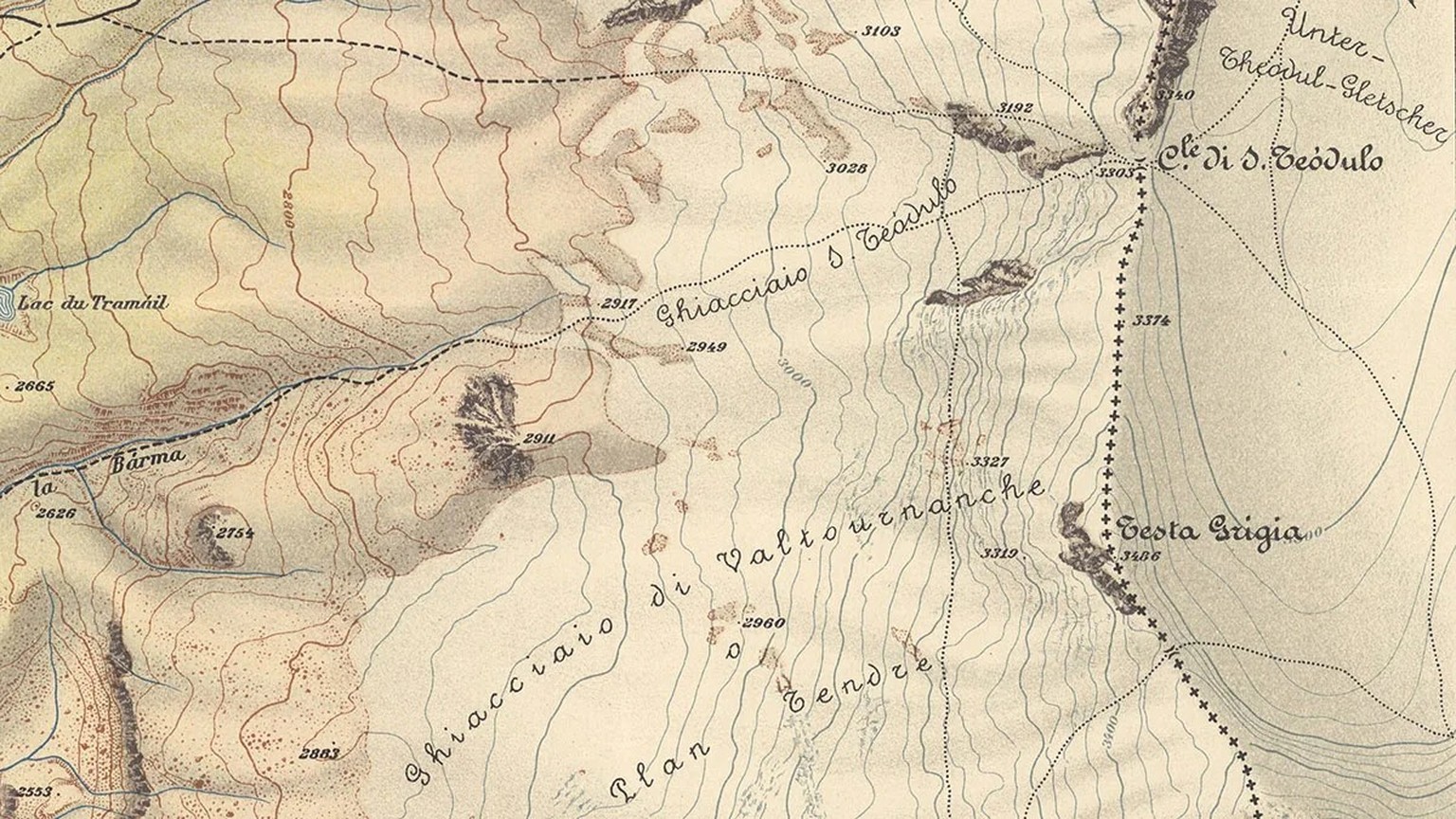 Le long de la ligne de partage des eaux: la frontière nationale italo-suisse sur la carte militaire italienne 1:20’000.