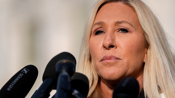 FILE - Rep. Marjorie Taylor Greene, R-Ga., speaks during a news conference on the Epstein Files Transparency Act, Nov. 18, 2025, outside the U.S. Capitol in Washington. (AP Photo/Julia Demaree Nikhins ...