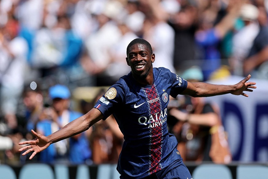 Ousmane Dembele #10 of Paris Saint-Germain celebrates scoring his team&#039;s second goal during the FIFA Club World Cup 2025 semi-final match between Paris Saint-Germain and Real Madrid CF at MetLife ...