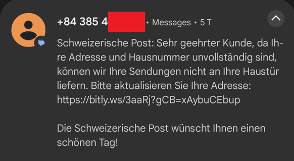Ce message, écrit dans un allemand irréprochable, ne provient pas non plus de La Poste, comme l'indique le préfixe +84.