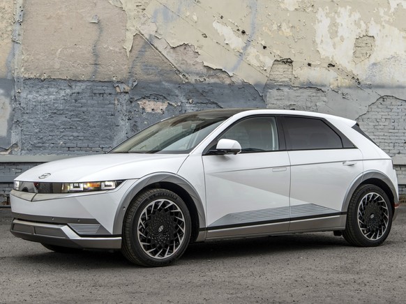 This photo provided by Hyundai shows the 2022 Ioniq 5. The Ioniq 5 stands out with its retro-themed styling and impressive performance and comfort. (Courtesy of Hyundai Motor America via AP)