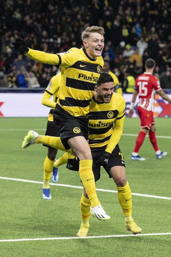 YB&#039;s Lewin Blum and Loris Benito, from left, celebrate their score to 2-0 during the Champions League group G soccer match between Switzerland&#039;s BSC Young Boys and Serbia&#039;s FK Red Star  ...