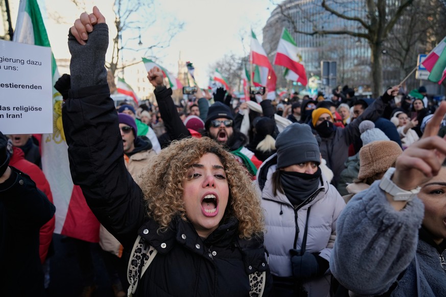 Protesters participate in a demonstration in Berlin, Germany, in support of the nationwide mass protests in Iran against the government, Saturday, Jan. 10, 2026. (AP Photo/Ebrahim Noroozi)
Germany Ira ...