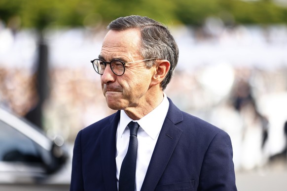 epa12237014 French Interior Minister Bruno Retailleau arrives to the annual Bastille Day military parade during the Bastille day celebrations in Paris, France, 14 July 2025. France celebrates its nati ...