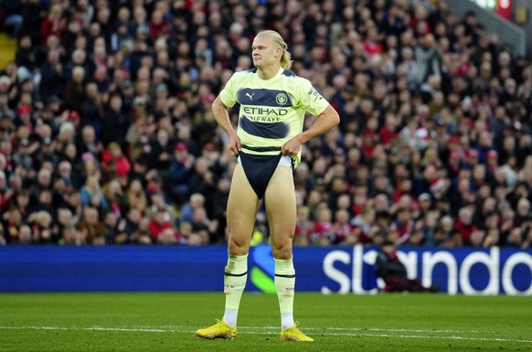 Manchester City&#039;s Erling Haaland reacts during the English Premier League soccer match between Liverpool and Manchester City at Anfield stadium in Liverpool, Sunday, Oct. 16, 2022. (AP Photo/Jon  ...