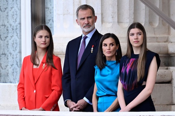 MADRID, SPAIN - JUNE 19: Crown Princess Leonor of Spain, King Felipe VI of Spain, Queen Letizia of Spain and Princess Sofia of Spain attends the solemn release of the royal guard during the celebratio ...