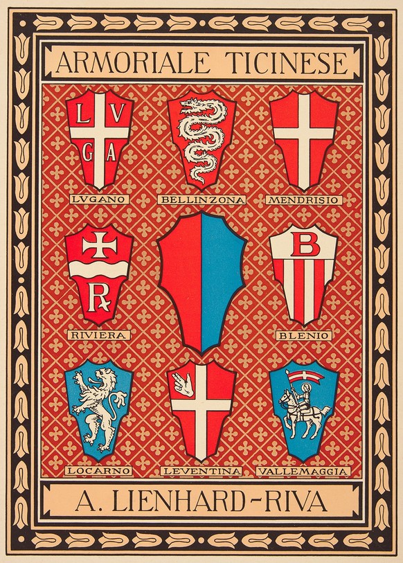 Les armoiries des huit districts du canton du Tessin fondé en 1803.