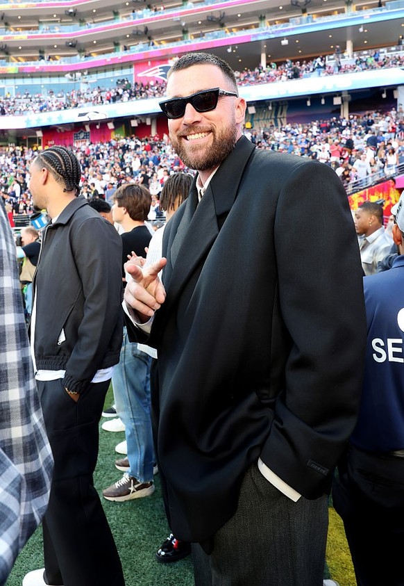 SANTA CLARA, CALIFORNIA - FEBRUARY 08: Travis Kelce attends the Super Bowl LX Pregame at Levi's Stadium on February 08, 2026 in Santa Clara, California. (Photo by Kevin Mazur/Getty Images for Roc ...