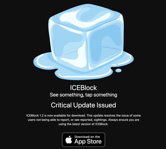 Screenshot der Website der ICEBlock-App (10. Juli 2025)