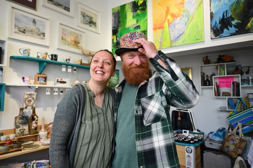 Jeweler Roxana Saraev (L) and her husband Claudiu (R) are pictured in their shop in Sulina city, May 09, 2026. In Sulina, Romania�s easternmost point, Roxana Saraev has decided that anxiety about Russ ...