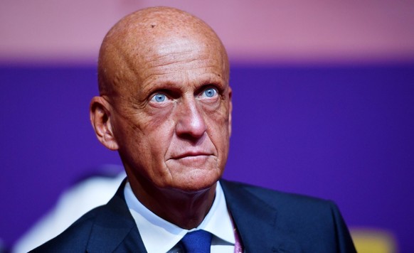 epa09863921 Former Italian referee and chairman of the FIFA referees committee Pierluigi Collina arrives for the main draw for the FIFA World Cup 2022 in Doha, Qatar, 01 April 2022. EPA/NOUSHAD THEKKA ...
