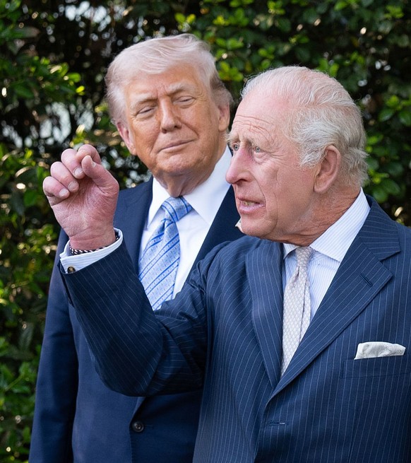 WASHINGTON, DC - APRIL 27: (NO UK SALES FOR 28 DAYS) U.S. President Donald Trump hosts King Charles III for afternoon tea at the White House on day one of their State Visit to the United States of Ame ...