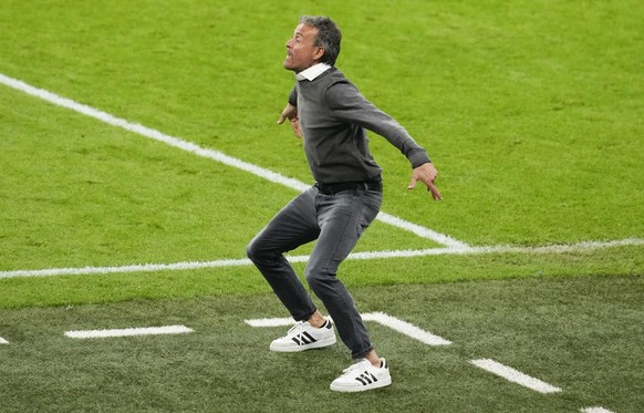 Spain&#039;s manager Luis Enrique reacts during the Euro 2020 soccer championship semifinal between Italy and Spain at Wembley stadium in London, Tuesday, July 6, 2021. (AP Photo/Matt Dunham,Pool)