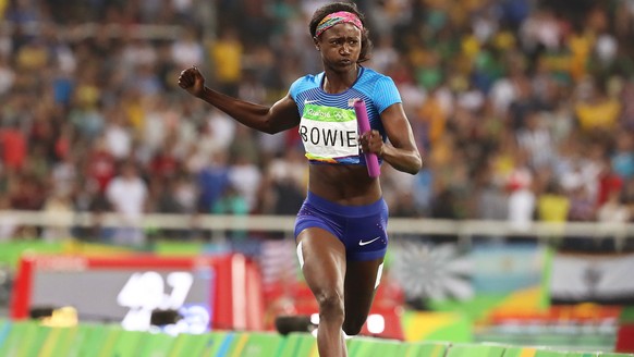 epa10606201 (FILE) - Tori Bowie of the USA crosses the finish line to win the women&#039;s 4x100m relay final of the Rio 2016 Olympic Games Athletics, Track and Field events at the Olympic Stadium in  ...