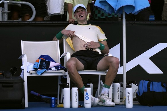 Jack Draper of Britain reacts after defeating Marcos Giron of the U.S. in their first round match at the Australian Open tennis championships at Melbourne Park, Melbourne, Australia, Tuesday, Jan. 16, ...