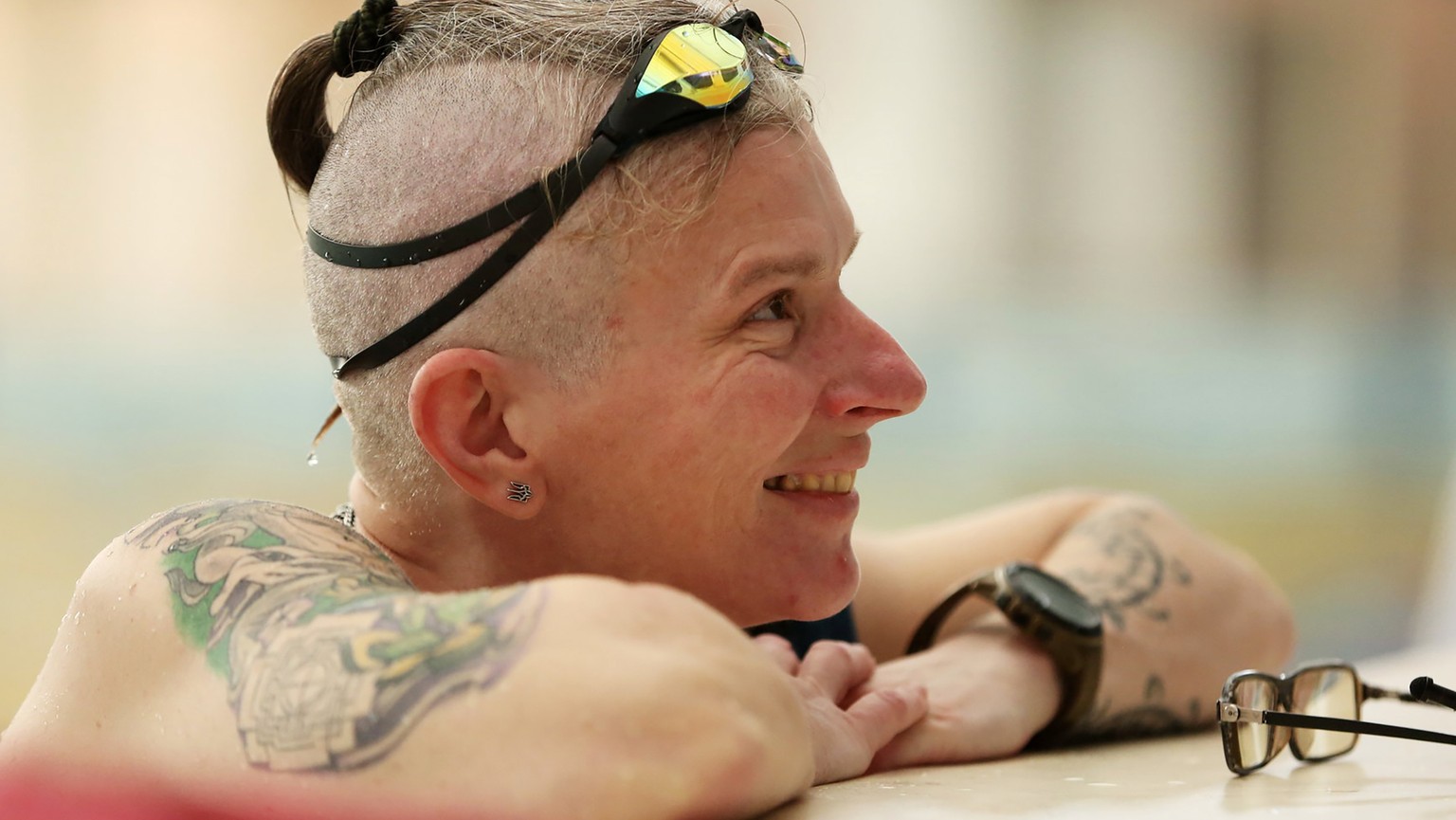 In this 2018 photo provided by the Invictus Games Team Ukraine, Yuliia Paievska, known as Taira, pauses in the pool during trials in Kyiv, Ukraine. Taira was a member of the Ukraine Invictus Games for ...