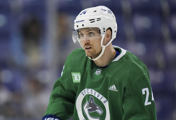 Vancouver Canucks' Pius Suter skates during the opening day of the NHL hockey team's training campin Victoria, British Columbia, Thursday, Sept. 21, 2023. (Darryl Dyck/The Canadian Press via ...