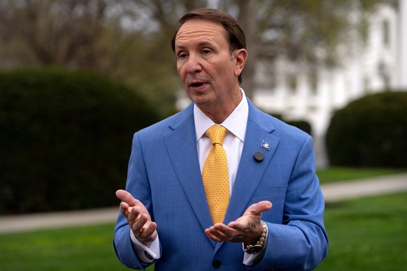 FILE - Louisiana Gov. Jeff Landry records a social media video outside the White House, Monday, March 24, 2025, in Washington. (AP Photo/Mark Schiefelbein, File)
Jeff Landry
