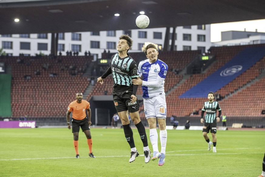 Zurich, Switzerland, May 22nd 2025: Noah Persson 16 Grasshopper Club Zürich and Albert Vallci 20 FC St. Gallen going for a header during the Credit Suisse Super League football match between GC Zurich ...
