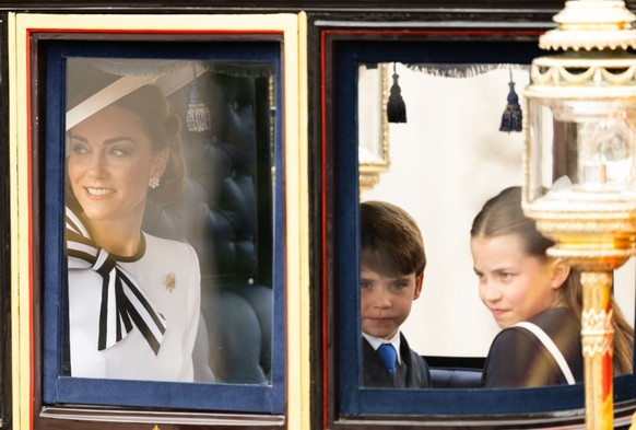 LONDON, ENGLAND - JUNE 15: Catherine, Princess of Wales, Prince Louis of Wales and Princess Charlotte of Wales during Trooping the Colour on June 15, 2024 in London, England. Trooping the Colour is a  ...