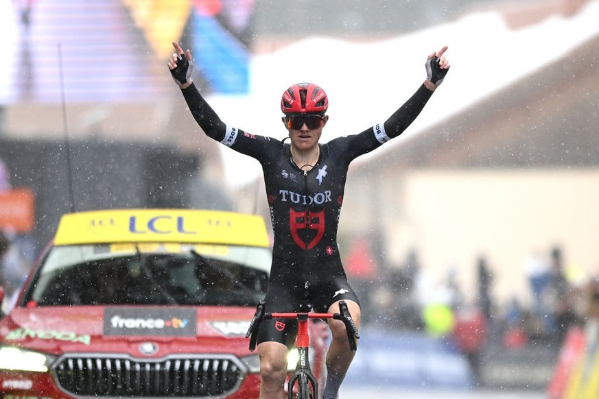 AURON, FRANCE - MARCH 15: (EDITOR&#039;S NOTE: Alternate crop) Michael Storer of Australia and Tudor Pro Cycling Team celebrates at finish line as stage winner during the 83rd Paris - Nice 2025, Stage ...