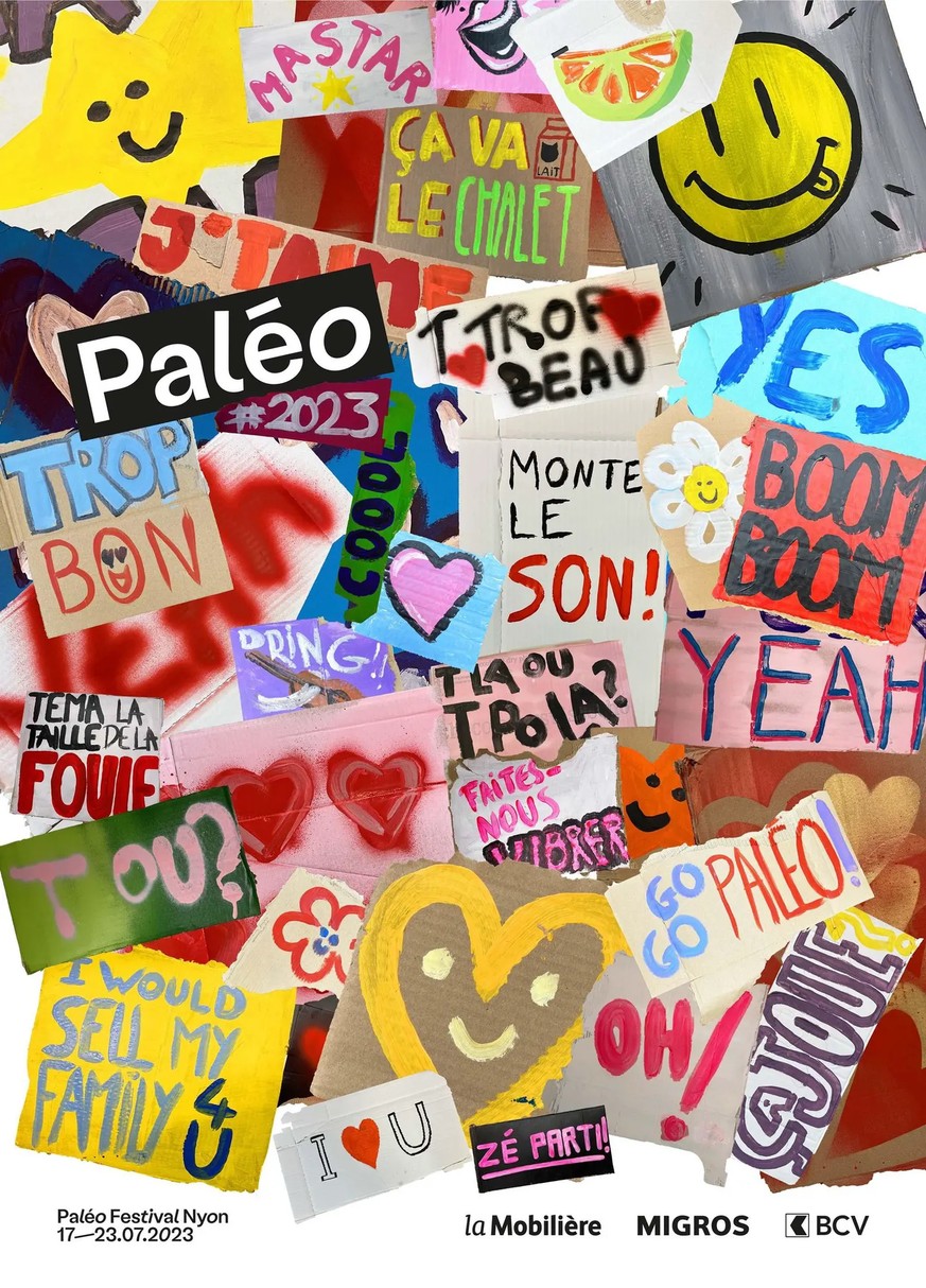 L'affiche de l'édition 2023 du Paléo Festival réunit plus de 200 pancartes créées avec du matériel de récupération et des restes de peintures ou d’aérosols.