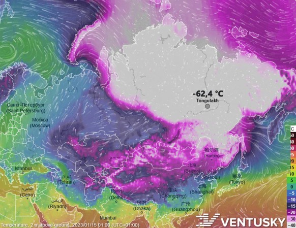 La vague de froid actuelle en Sibérie est à 30°C sous les moyennes, à tel point qu'il n'y a plus de couleur correspondante sur les cartes météorologiques.