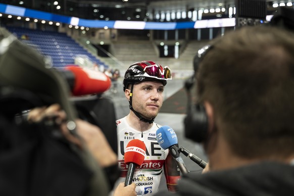 Marc Hirschi from Switzerland of UAE Team Emirates at the start of todays race in the &quot;Nuova Valascia&quot; ice stadium, at the fifth stage, a 193 km race from Ambri to Novazzano, at the 85th Tou ...