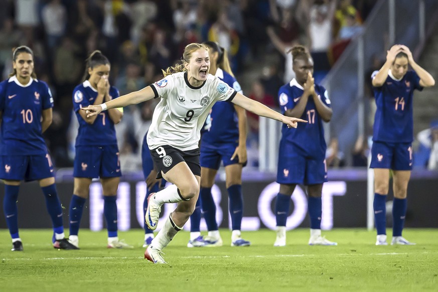 Germany&#039;s Sjoeke Nuesken celebrates her team&#039;s victory after winning the Women&#039;s Euro 2025 quarterfinals soccer match between France and Germany at St. Jakob-Park in Basel, Switzerland, ...