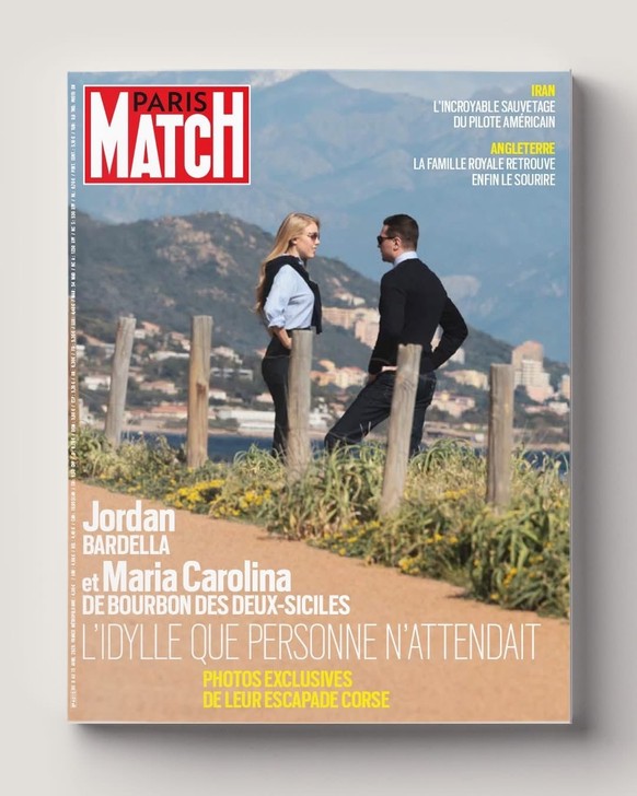 La Une de Paris Match de Jordan Bardella et sa princesse Maria Carolina de Bourbon des Deux-Siciles