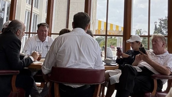 Elon Musk (de dos) en plein déjeuner, à Mar-a-Lago, avec Donald Trump et sa petite-fille, Kai.