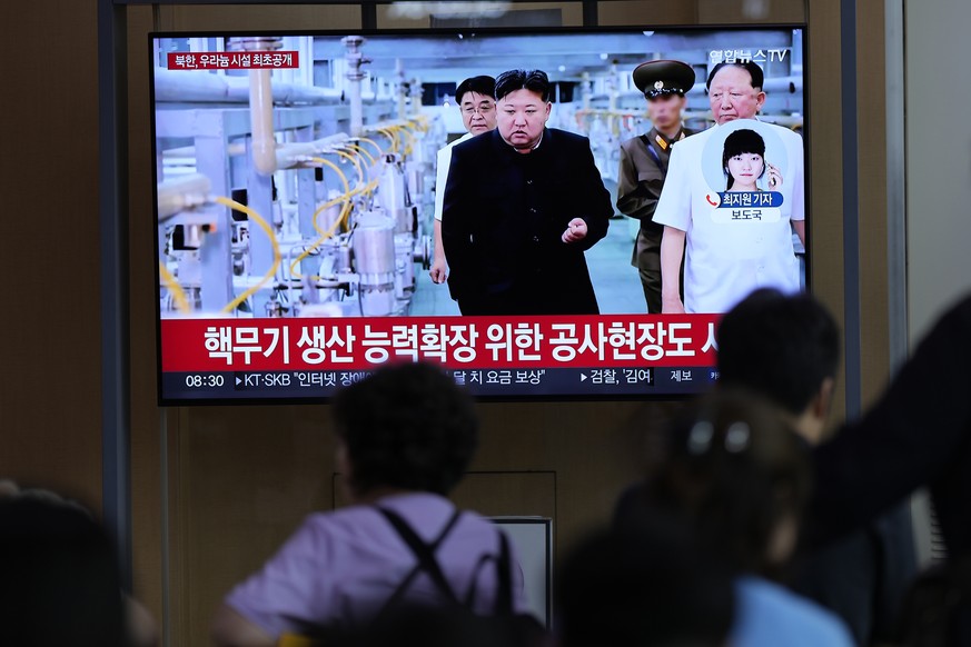 A TV screen shows an image of North Korean leader Kim Jong Un during a news program at the Seoul Railway Station in Seoul, South Korea, Friday, Sept. 13, 2024. The letters read, &quot;North Korea, unv ...