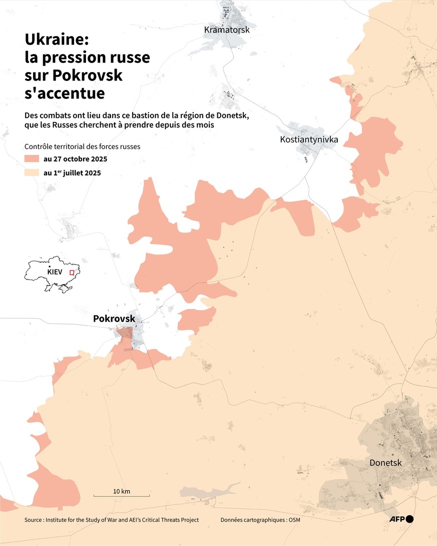 Carte montrant les zones contr�l�es par les forces russes autour de l&#039;agglom�ration de Pokrovsk, un bastion de la r�gion de Donetsk que Moscou cherche � prendre depuis des mois, � partir des donn ...