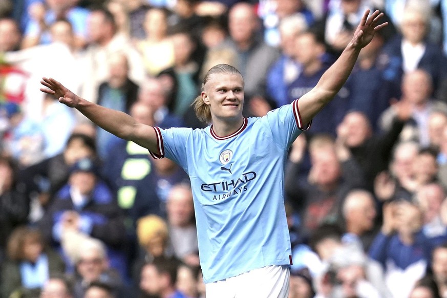 Manchester City&#039;s Erling Haaland celebrates scoring his side&#039;s third goal during the English Premier League soccer match between Manchester City and Leicester City at Etihad Stadium in Manch ...