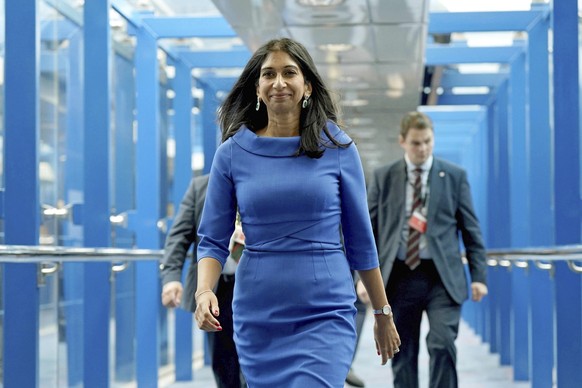 Britain&#039;s Home Secretary Suella Braverman arrives for day three of the Conservative Party annual conference at the International Convention Centre in Birmingham, England, Tuesday, Oct. 4, 2022. ( ...