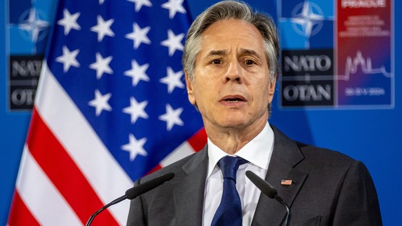 epaselect epa11381667 US Secretary of State Antony Blinken talks to journalist at a press conference following the informal NATO Foreign Ministers Meeting at Czernin Palace, in Prague, Czech Republic, ...