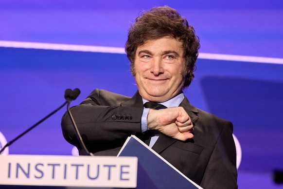 epa11323001 President of Argentina Javier Milei speaks at the 2024 Milken Institute Global Conference at The Beverly Hilton in Beverly Hills, California, USA, 06 May 2024. EPA/ALLISON DINNER