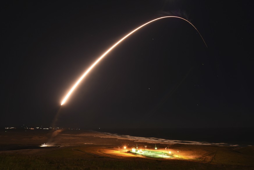 FILE - In this Feb. 23, 2021, file photo released by the U.S. Army Space and Missile Defense Command, an unarmed Minuteman 3 intercontinental ballistic missile launches during an operation test at Van ...