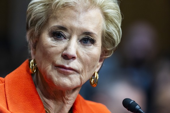 epa11893318 US President Donald Trump&#039;s nominee for education secretary Linda McMahon testifies at her nomination hearing before the Senate Health, Education, Labor and Pensions Committee in the  ...