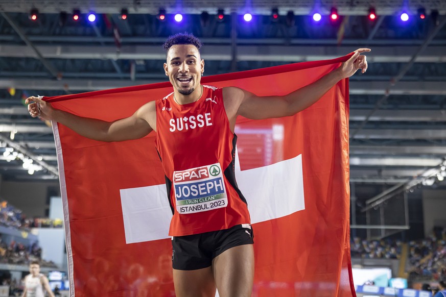 Winner Jason Joseph of Switzerland reacts after the Men&#039;s 60 meters hurdles Final at the European Athletics Indoor Championships 2023 at the Atakoy Athletics Arena in Istanbul, Turkey on March 5, ...