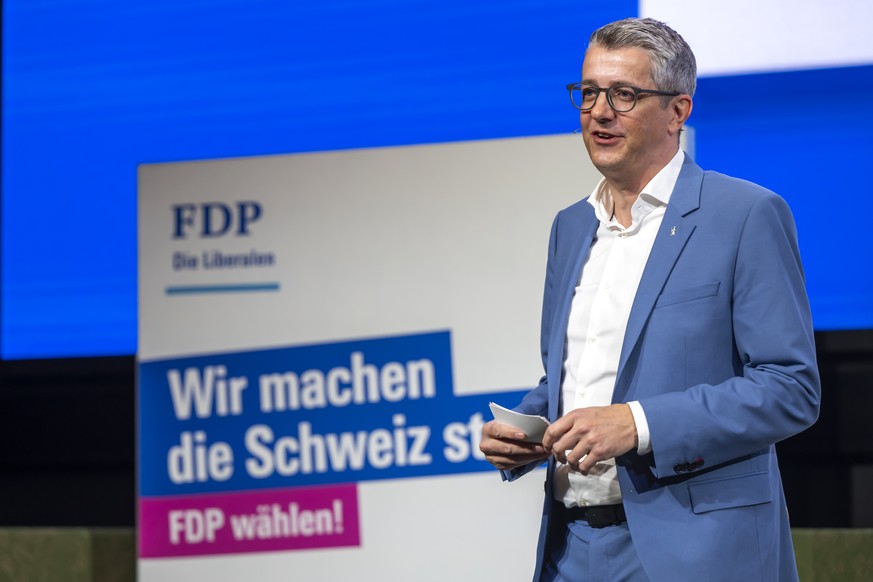 La copresidence du PLR le conseiller aux Etats Benjamin Muehlemann, s'exprime, lors de l'assemblee des delegues du Parti liberal-radical, PLR FDP Suisse, ce samedi 31 janvier 2026 au Centre  ...