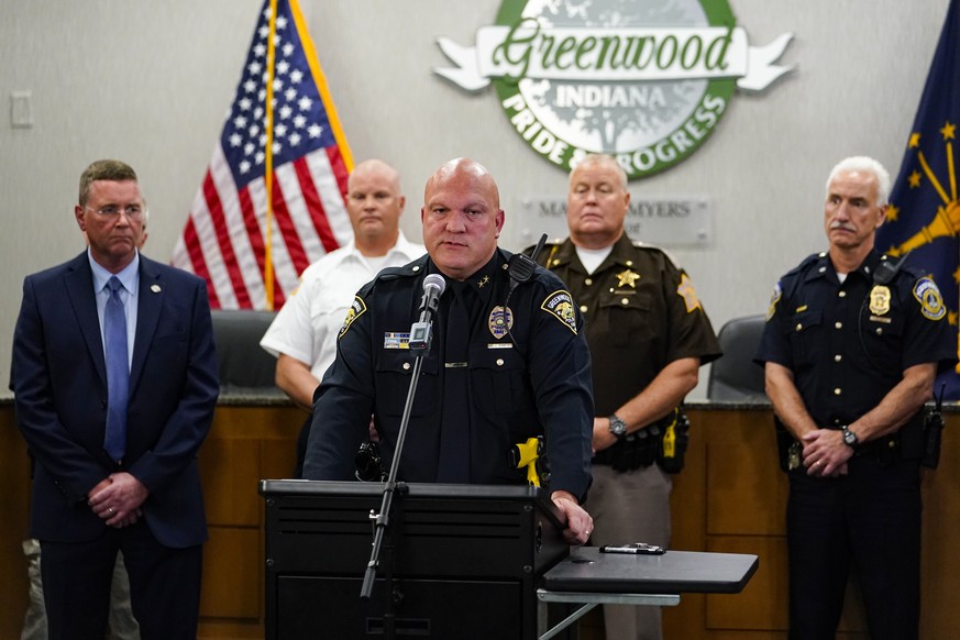 Greenwood Police Chief James Ison speak during a press conference at the Greenwood City Center in Greenwood, Ind., Monday, July 18, 2022. (AP Photo/Michael Conroy)
James Ison