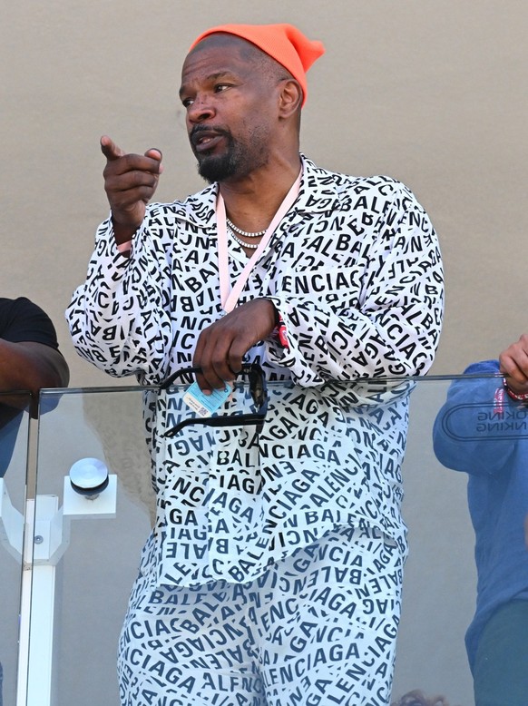 MIAMI, FLORIDA - MAY 02: Jamie Foxx watches from a balcony during qualifying ahead of the F1 Grand Prix of Miami at Miami International Autodrome on May 02, 2026 in Miami, Florida. (Photo by Mark Sutt ...