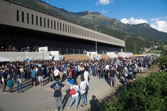 Fans arrive at the stadium at the new ice stadium Gottardo Arena that replaces the historic Valascia, during the match of National League Swiss Championship 2021/22 between HC Ambri Piotta and HC Frib ...